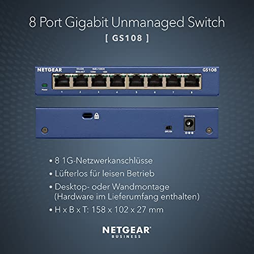 Switch LAN NETGEAR GS108GE Switch di rete a 8 porte (splitter LAN switch Gigabit plug-and-play, distributore LAN, hub Ethernet, alloggiamento in metallo senza ventola, garanzia a vita ProSAFE) - EDV-Guru (Guru e.U.)