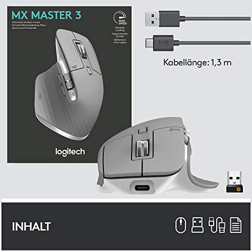 Bezdrátová myš Logitech MX Master 3, Bluetooth a 2,4 GHz připojení přes USB přijímač, senzor 4000 DPI, ultrarychlé rolování, pro všechny povrchy, 7 tlačítek, PC/Mac/iPadOS - světle šedá - EDV-Guru (Guru e.U.)