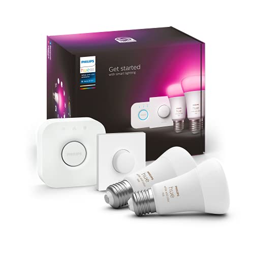 Philips Hue White & Col. Amb. Startovací sada 2 ks LED žárovky E27 vč. chytré tlačítko, 16 milionů barev, stmívatelné, ovladatelné přes aplikaci, kompatibilní s Amazon Alexa (Echo, Echo Dot) - EDV-Guru (Guru e.U.)