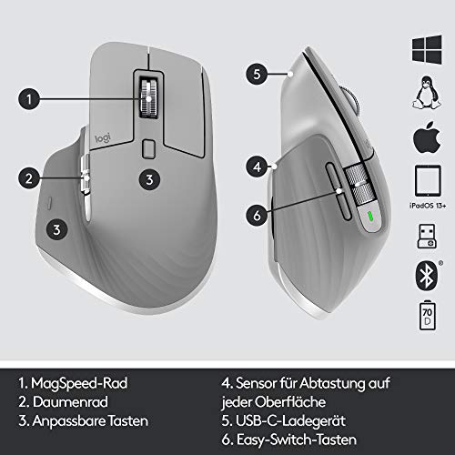 Bezdrátová myš Logitech MX Master 3, Bluetooth a 2,4 GHz připojení přes USB přijímač, senzor 4000 DPI, ultrarychlé rolování, pro všechny povrchy, 7 tlačítek, PC/Mac/iPadOS - světle šedá - EDV-Guru (Guru e.U.)