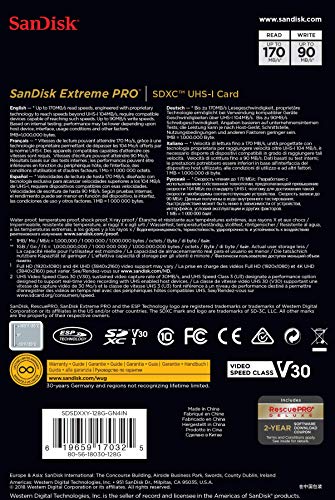 SanDisk Extreme Pro SDXC UHS-I Speicherkarte 128 GB (V30, Übertragungsgeschwindigkeit 170 MB/s, U3, 4K-UHD-Videos, temperaturbeständig) - EDV-Guru (Guru e.U.)