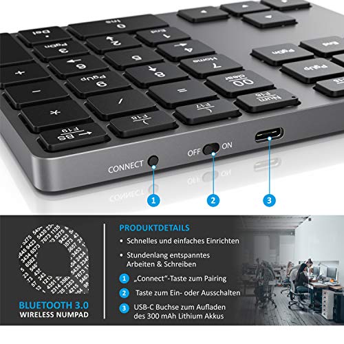 CSL - Bluetooth Numpad - Bezdrátová číselná klávesnice s multifunkčními klávesami - Hliníková klávesnice - 35 kláves - Bluetooth 3.0 - Bezdrátové - kompatibilní s Apple PC Notebook Tablet Laptop - Windows Android iOS - EDV-Guru (Guru e.U.)