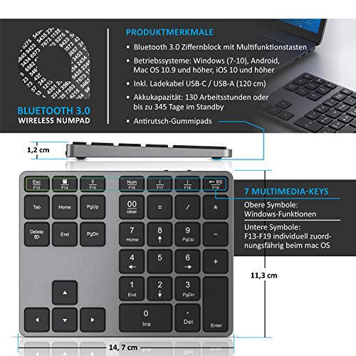 CSL - Bluetooth Numpad - Bezdrátová číselná klávesnice s multifunkčními klávesami - Hliníková klávesnice - 35 kláves - Bluetooth 3.0 - Bezdrátové - kompatibilní s Apple PC Notebook Tablet Laptop - Windows Android iOS - EDV-Guru (Guru e.U.)