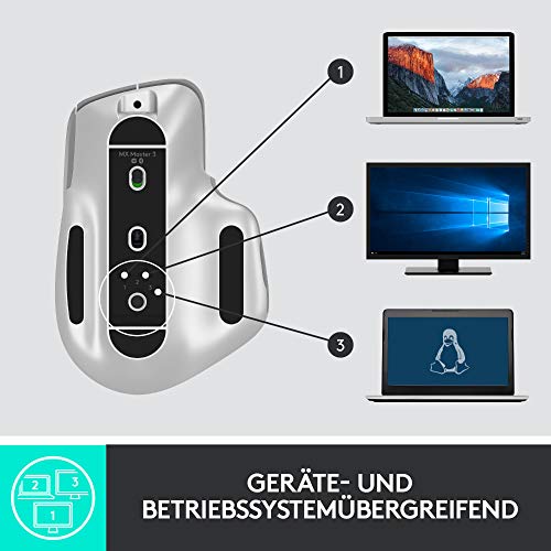 Bezdrátová myš Logitech MX Master 3, Bluetooth a 2,4 GHz připojení přes USB přijímač, senzor 4000 DPI, ultrarychlé rolování, pro všechny povrchy, 7 tlačítek, PC/Mac/iPadOS - světle šedá - EDV-Guru (Guru e.U.)